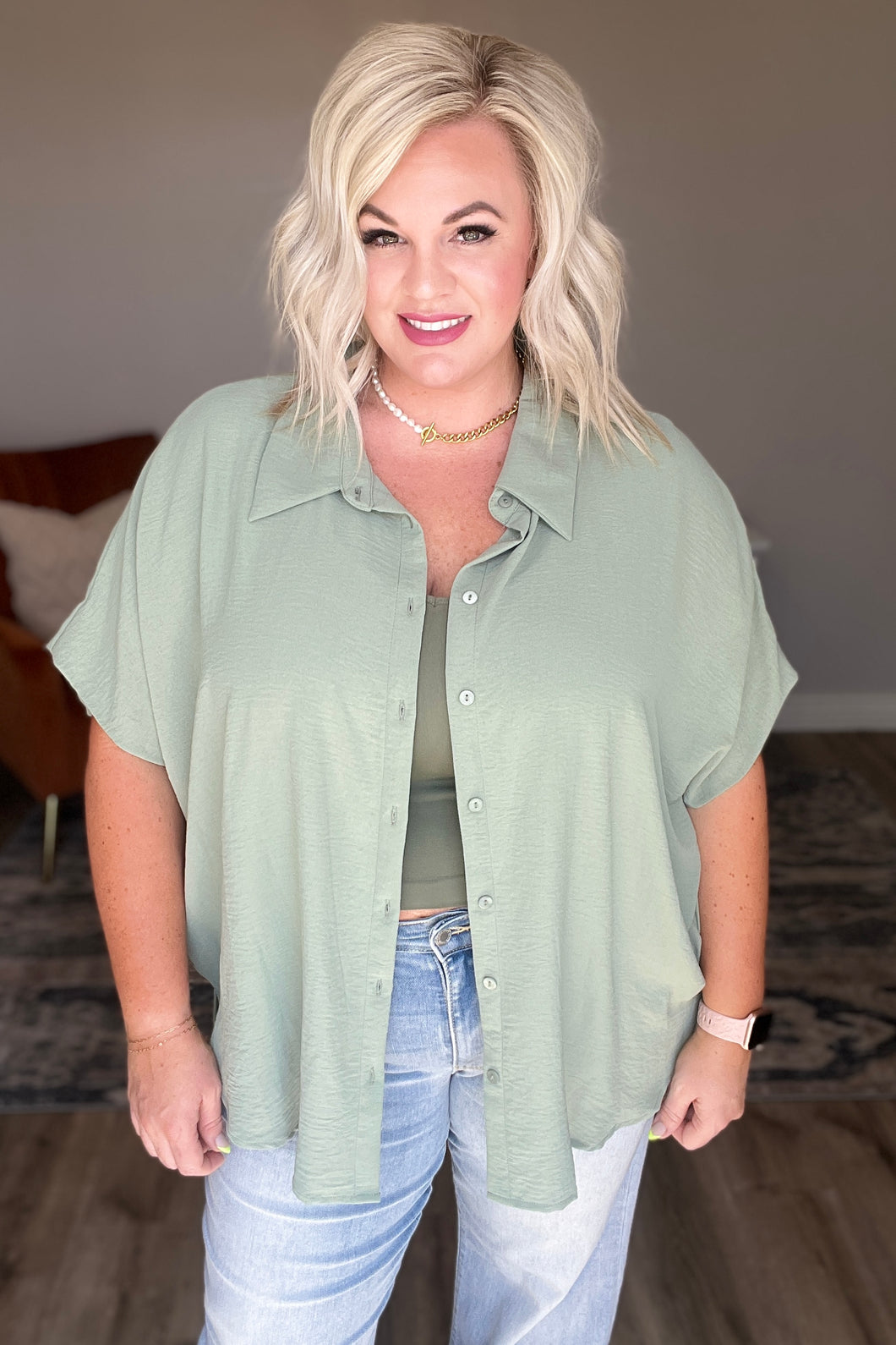 Sweet Simplicity Button Down Blouse in Sage
