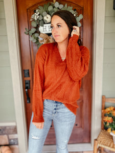 Sierra Long Sleeve Eyelash Sweater Knit Top In Rust