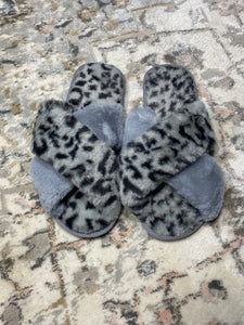 Grey Crisscross Faux Fur Slippers