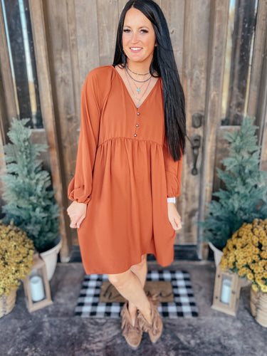 All For One Babydoll Dress In Rust